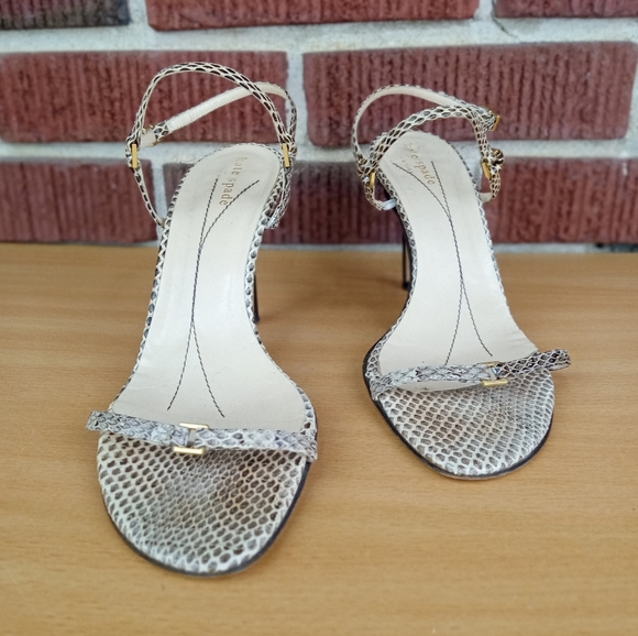 Kate Spade Snake Embossed Leather Strappy Heeled Sandals in Taupe Snake Sz. 8.5 - Picture 2 of 10